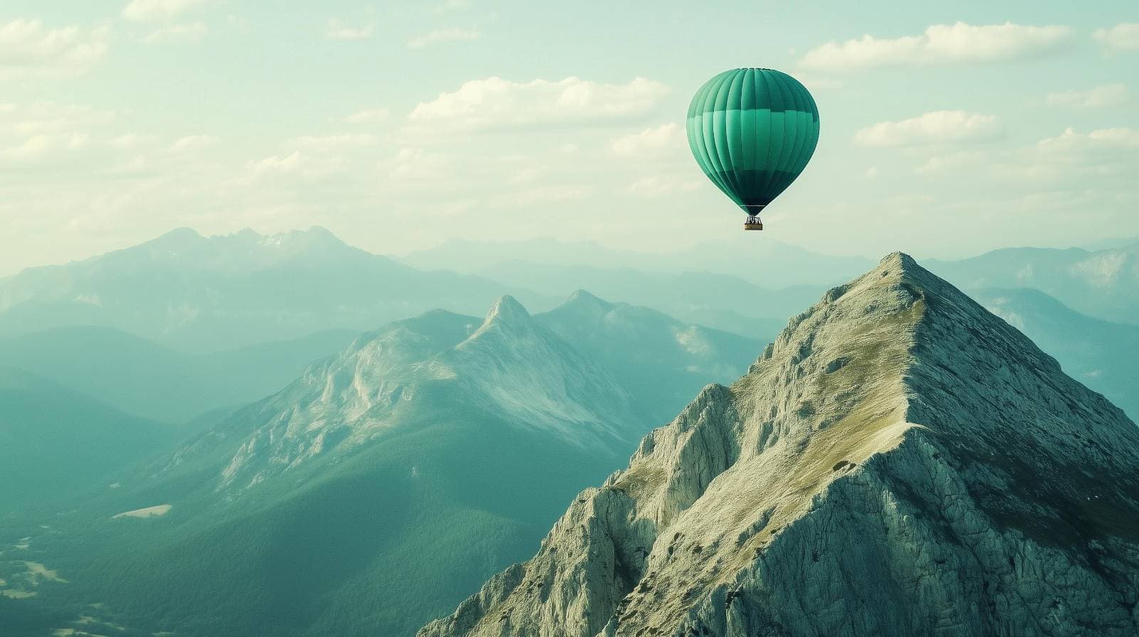 Mongolfiera verde che sale sopra le montagne